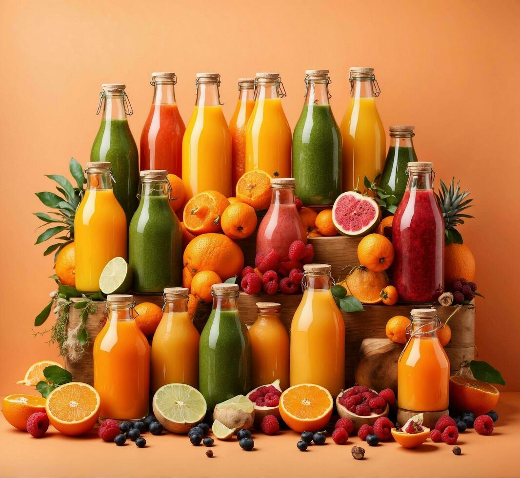 AI generated Bottles of fresh juice with fruits and vegetables on an orange background. photo