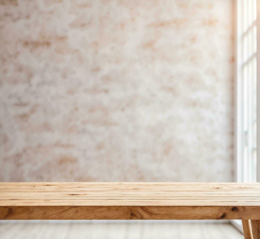 AI generated Empty wooden table in front of marble wall. Mock-up, 3D Rendering photo