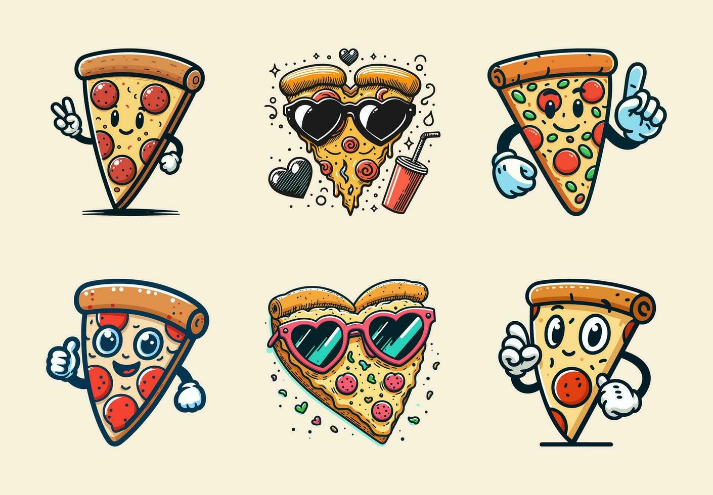 Pizza mascot, vintage character, retro art. Cartoon Characters Set. vector