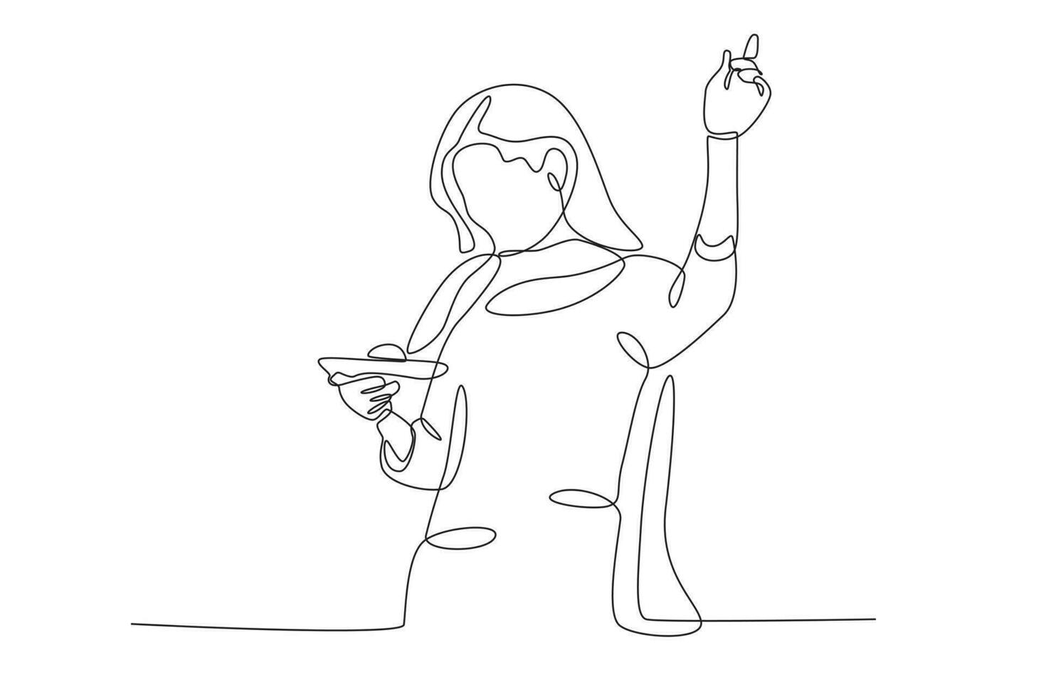 A woman is enjoying food while dancing at the Holi festival. Holi one-line drawing vector