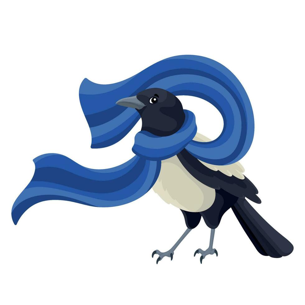 Cartoon magpie bird in a blue waving scarf. Detailed vector flat illustration