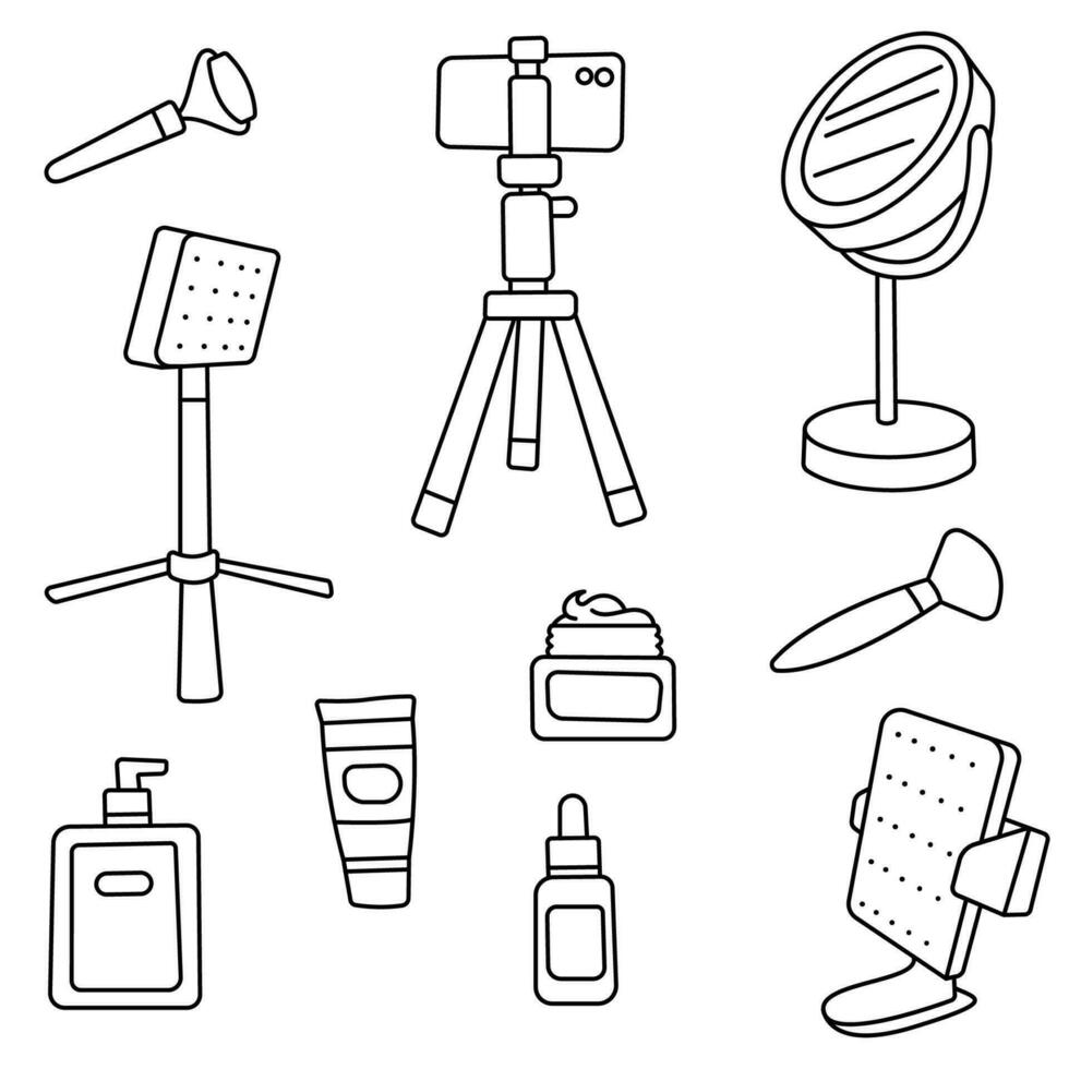 conjunto de productos cosméticos y equipo para un belleza blogger vector lineal ilustraciones.