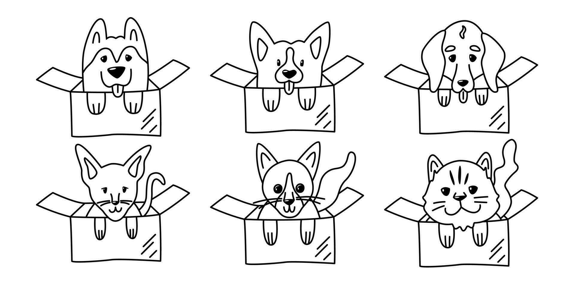 Cute little cats and dogs in cardboard boxes. Shelter a pet. Set of kawaii vector doodle illustrations.