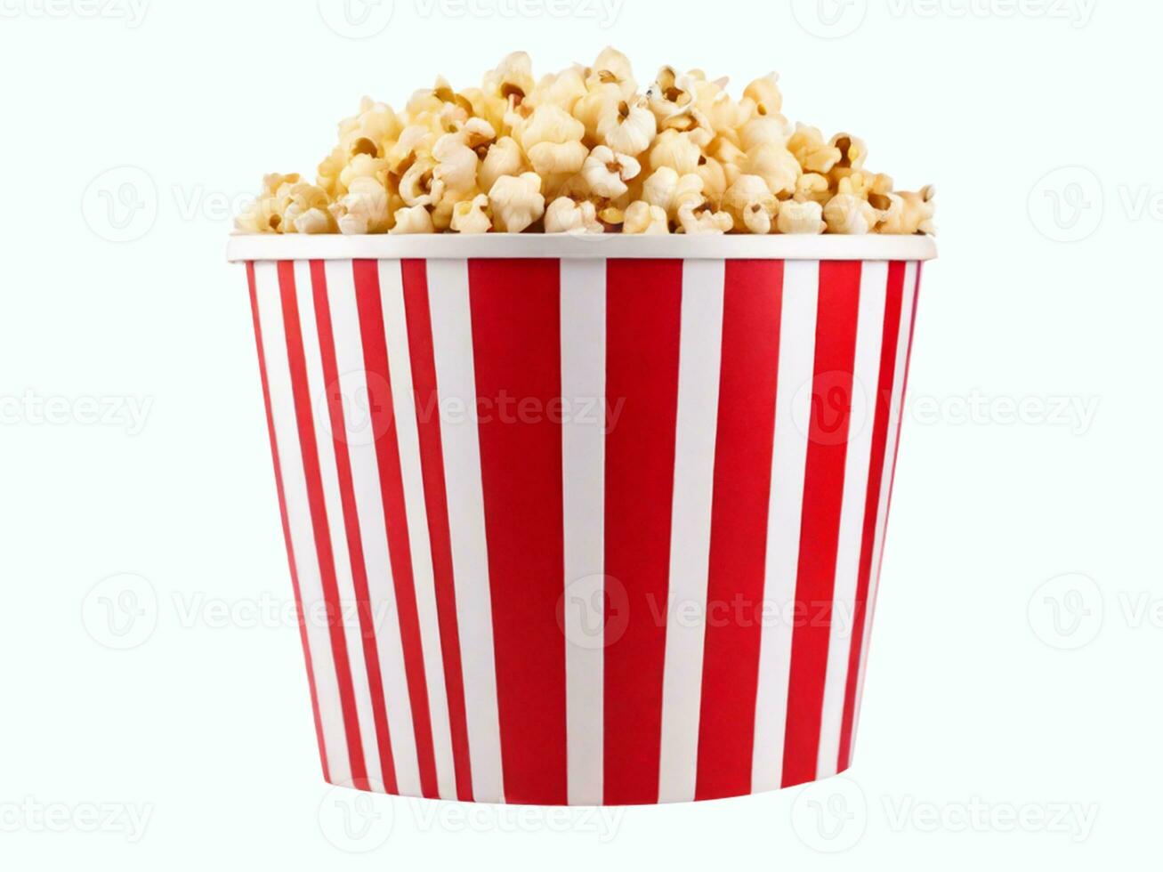 AI generated popcorn in striped cardboard bucket isolated on white background with clipping path photo