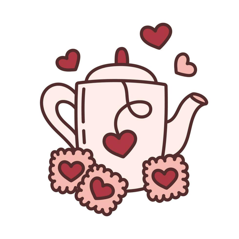 Tea with cookies for a loved one. Kawaii doodle icon for Valentine's Day vector