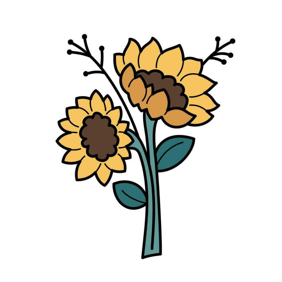 Cute sunflowers bouquet. Hand drawn detailed vector illustration.