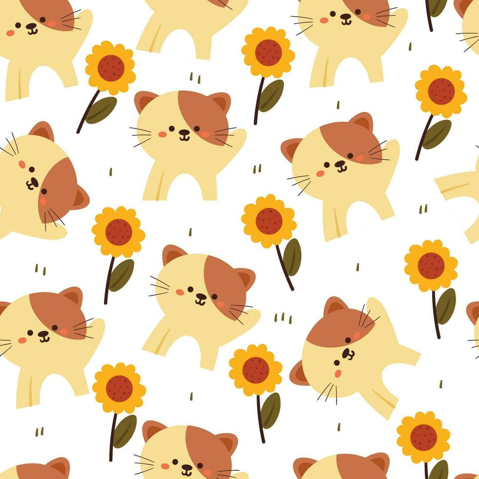 flor y gato de dibujos animados de patrones sin fisuras. lindo papel tapiz animal para textiles, papel de regalo vector