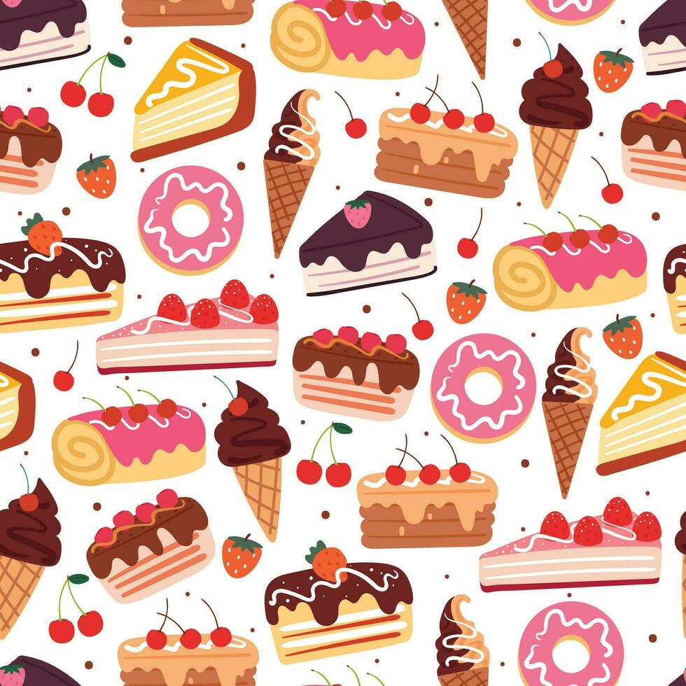 sin costura modelo dibujos animados postre. linda comida fondo de pantalla para textil, regalo envolver papel vector