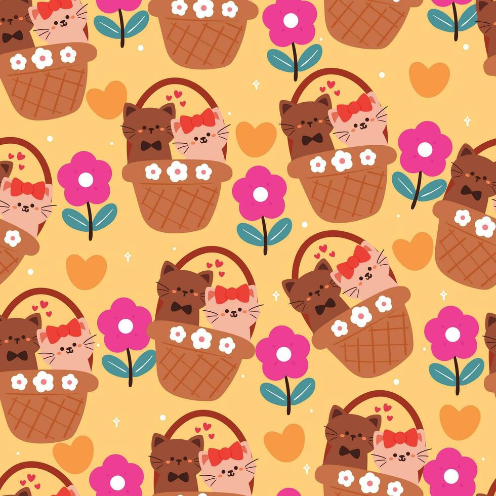 seamless pattern cartoon cat couple inside a basket. cute animal drawing for valentine wallpaper and background vector