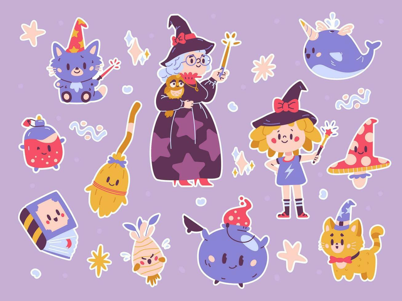 Magic cute characters and witchcraft flat vector stickers set. Little and elderly witches, cats, cauldron, magic book, broomstick, potion, mushroom, mandrake.