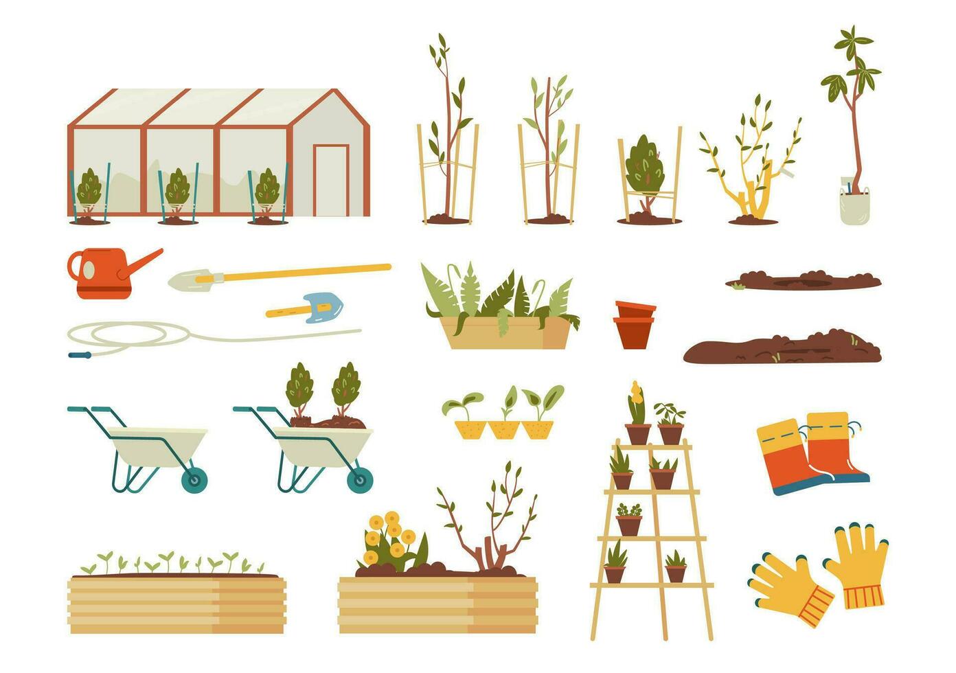 Gardening tools and equipment, plants, seedlings, trees and bushes flat vector illustrations set isolated on white.