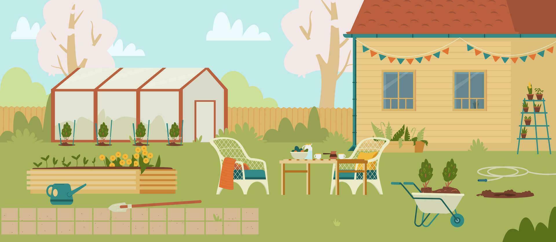 Spring backyard with gardening furniture and tools, greenhouse beds and freshly planted trees and bushes flat vector illustration. Spring garden with table served with no people scenery.