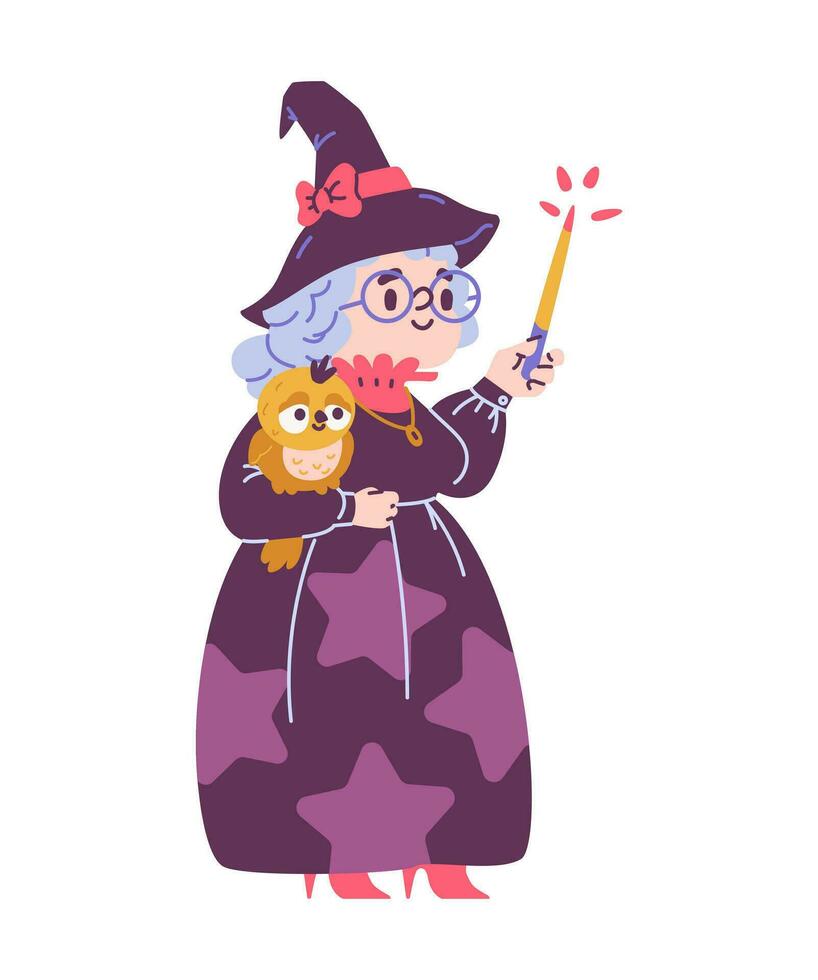 Elderly witch cute character with magic wand and pet owl flat vector illustration isolated on white.