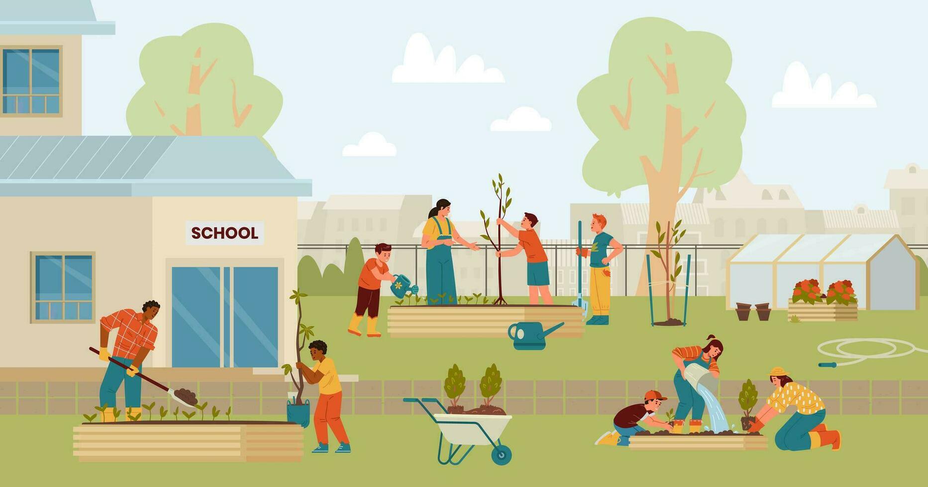 profesores y niños plantando arboles y arbustos en el colegio patio interior plano vector ilustración. colegio jardín con gente, invernadero, camas, carro, recién plantado arboles y arbustos