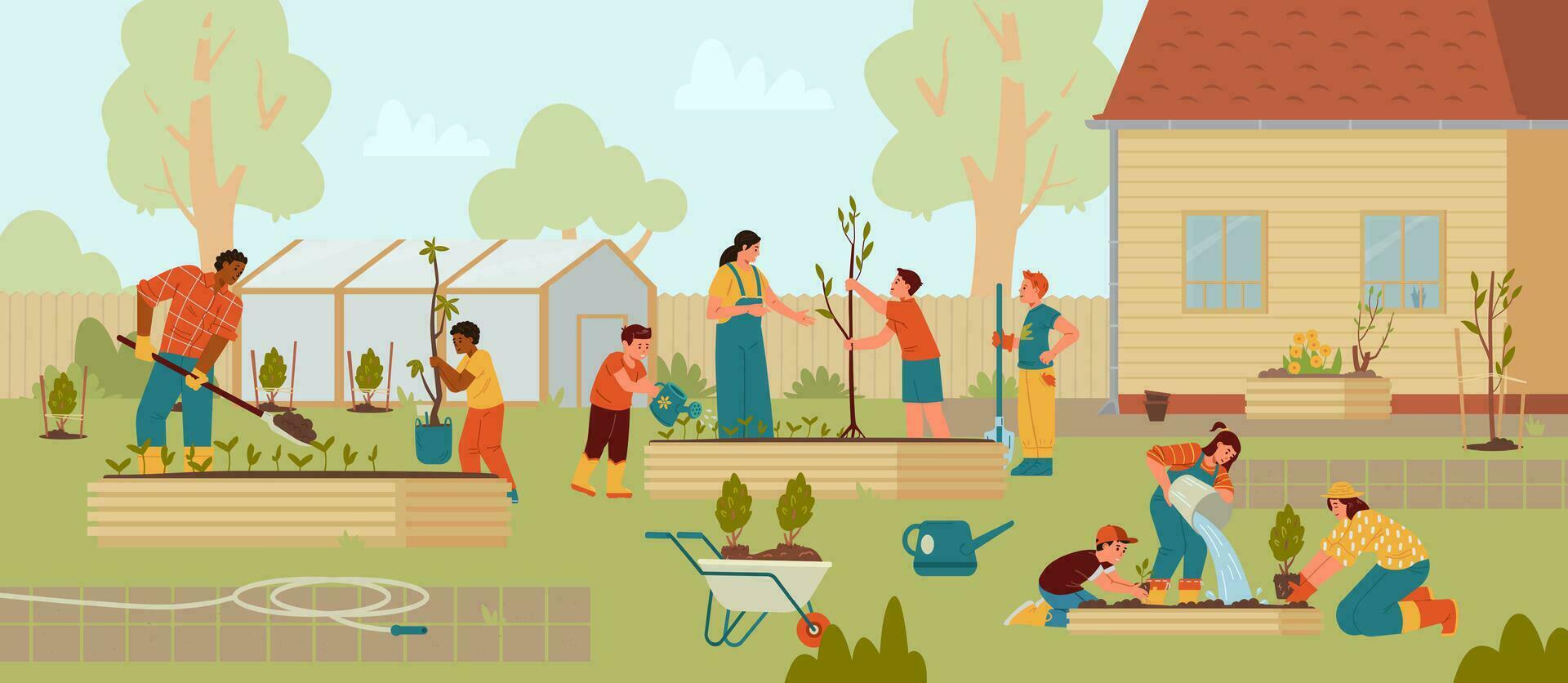 Teachers And Children Gardening In The Backyard. Kids Planting Seedlings, Digging, Watering. School Garden With Greenhouse and Patches. Vector Illustration.