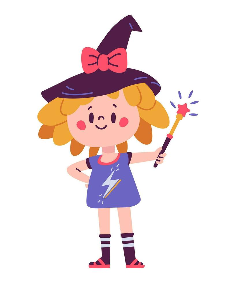 Little witch cute character with magic wand flat vector illustration isolated on white.