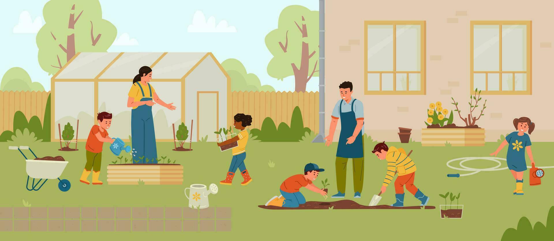 Teachers and children planting trees and bushes in the school backyard flat vector illustration. School garden with people, greenhouse, beds, cart, freshly planted trees and bushes.