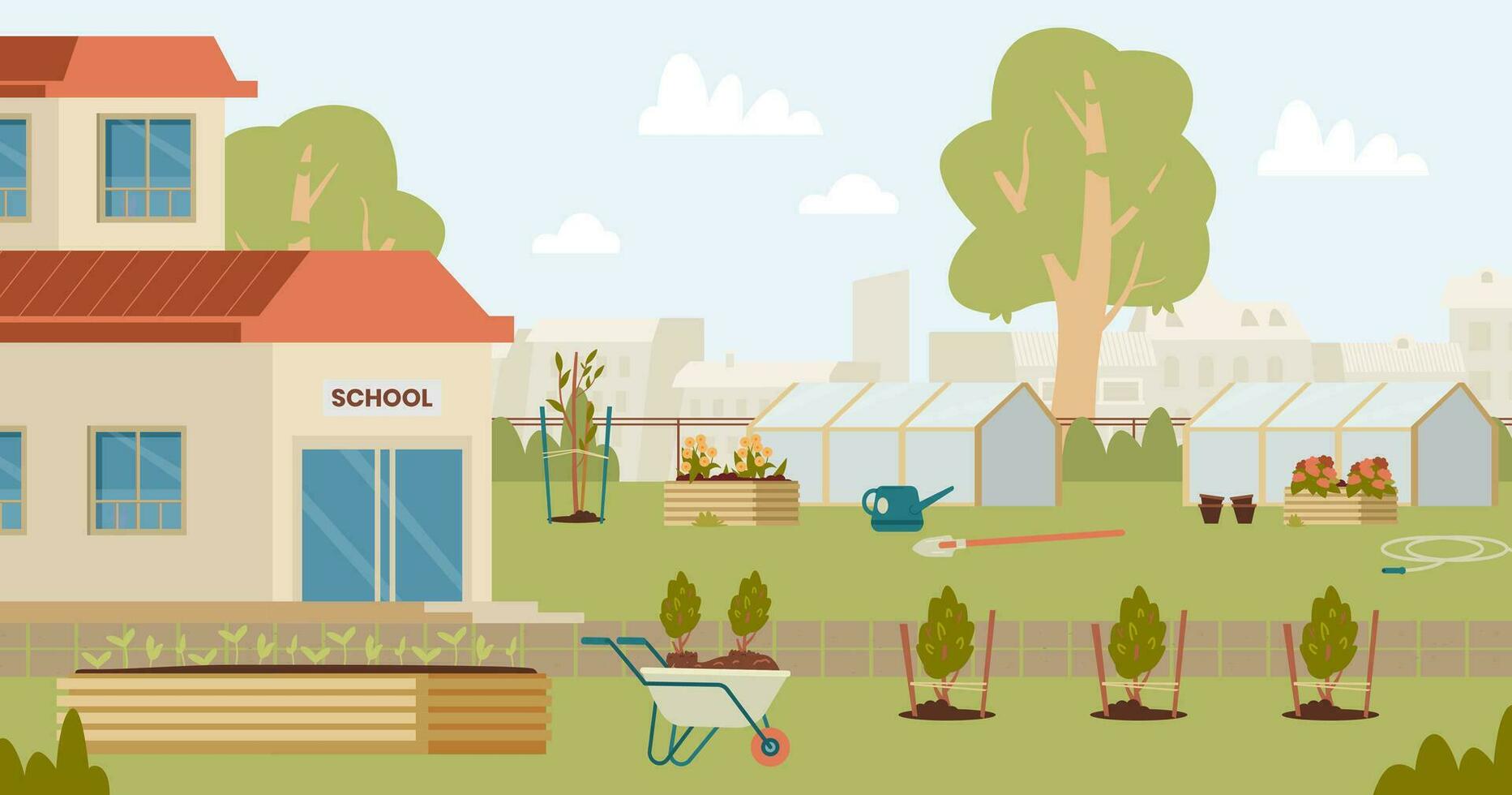 School backyard with greenhouses, flower beds, planted seedlings, gardening equipment flat vector illustration. School spring garden with trees and flowers and no people.