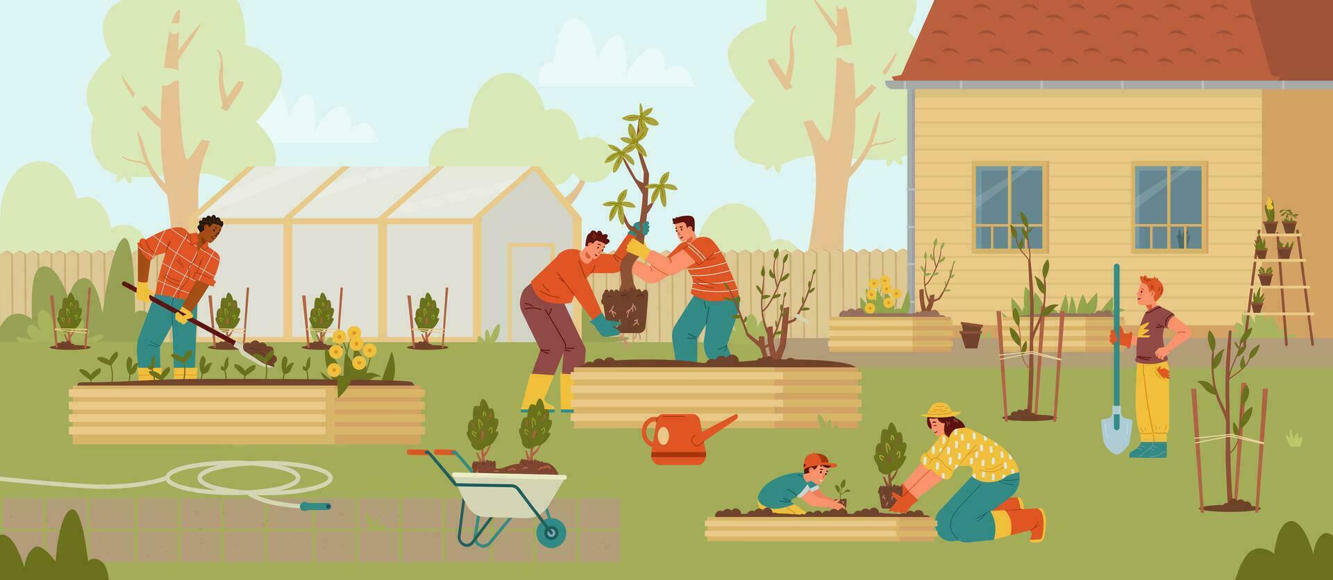 adultos y niños plantando arboles y arbustos en el comunidad jardín plano vector ilustración. diferente personas que lleva árboles, excavación, riego jardinería con niños al aire libre.