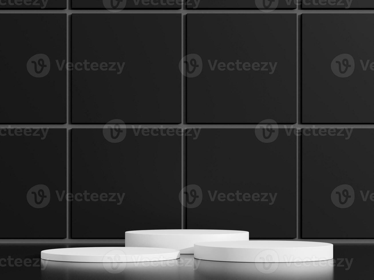 Simple blank luxury black gradient background with product display platform. Empty studio with white circle podium pedestal on a black backdrop. 3D rendering photo