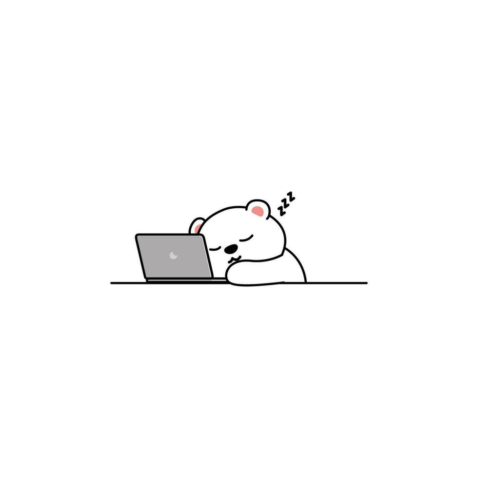 perezoso polar oso dormido en ordenador portátil dibujos animados, vector ilustración
