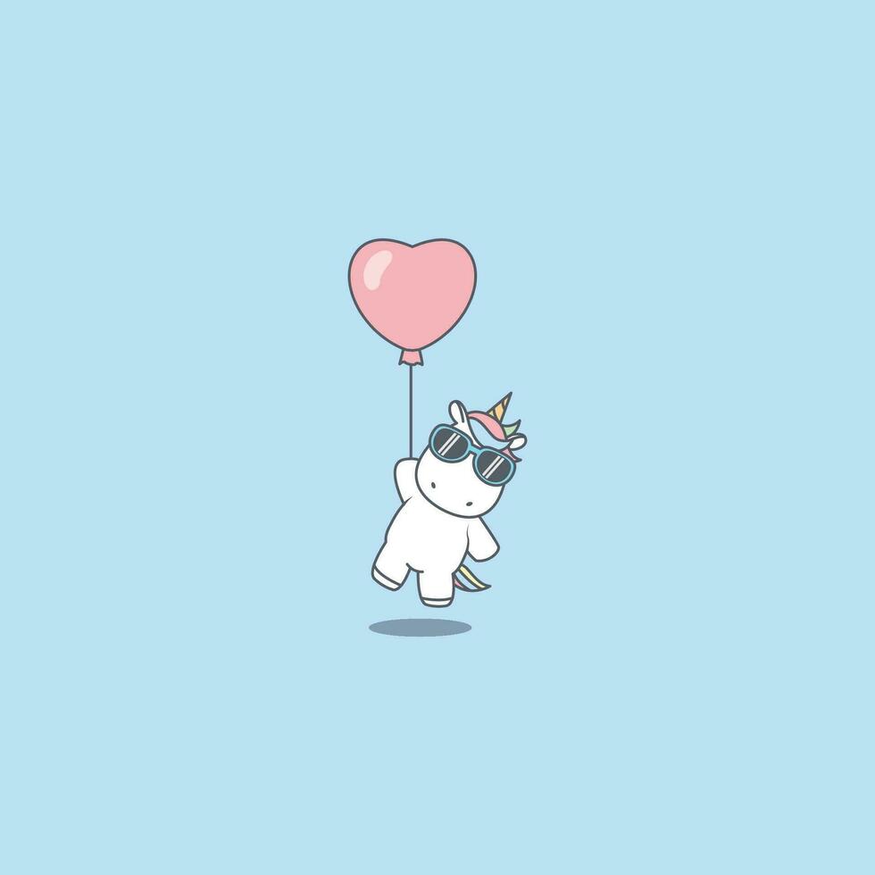 Cute unicorn with sunglasses holding heart balloon, vector illustration