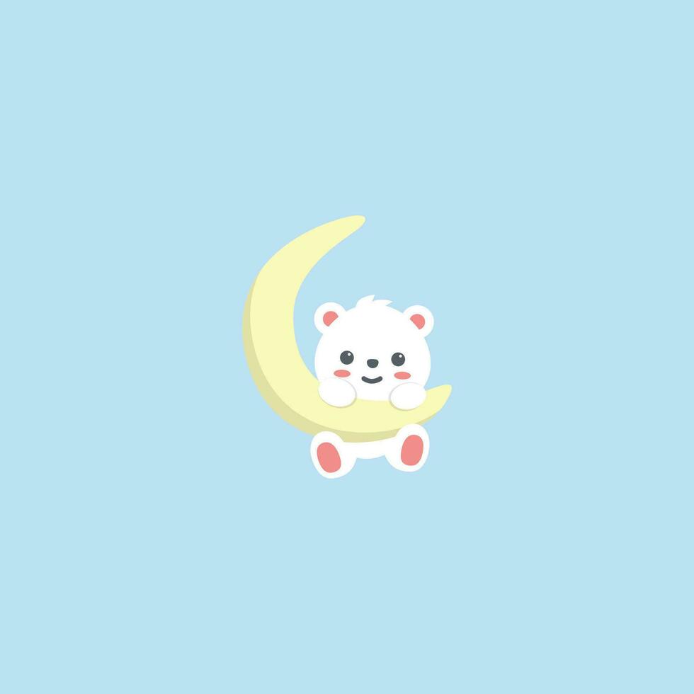 Cute polar bear on moon flat design, vector illustration