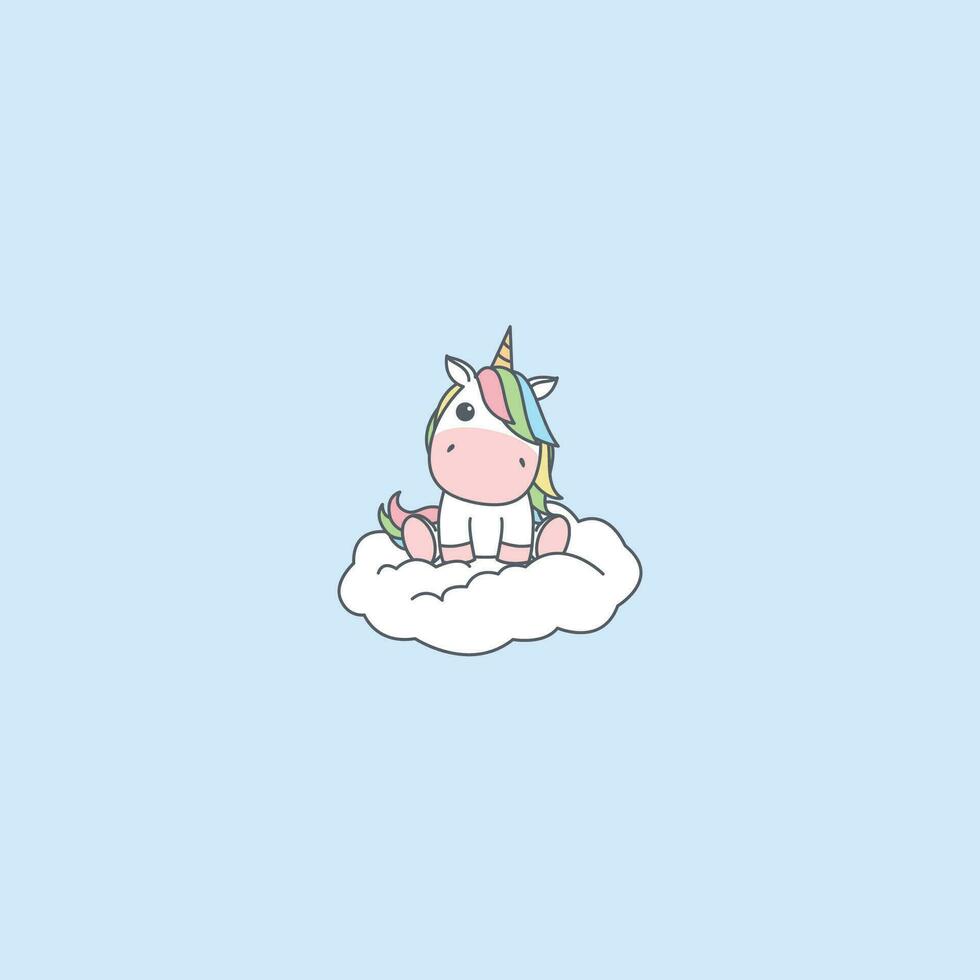 Cute unicorn sitting on a cloud cartoon, vector illustration