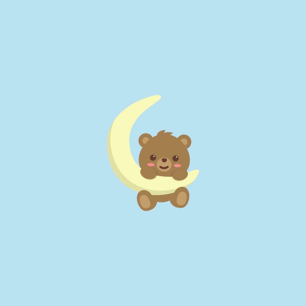 Cute bear on moon flat design, vector illustration