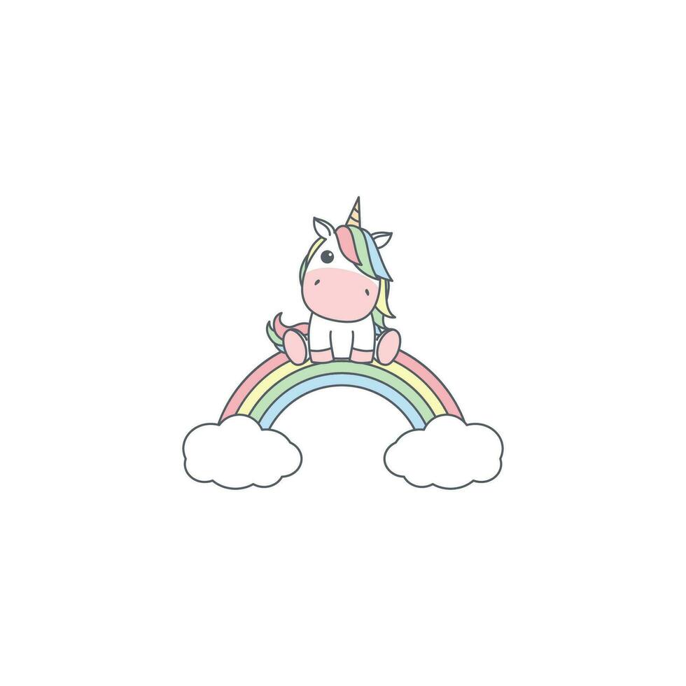 linda unicornio sentado en un pastel arco iris dibujos animados, vector ilustración