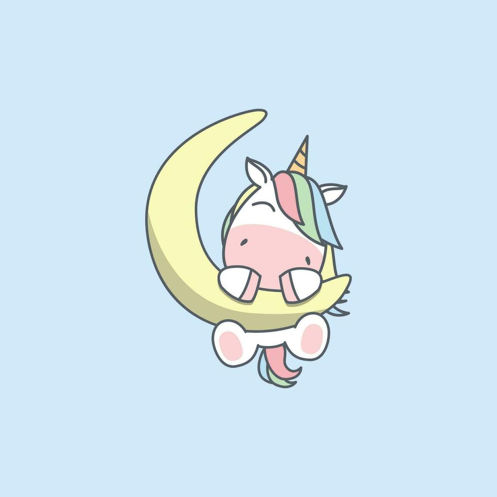 Cute unicorn on moon cartoon, vector illustration