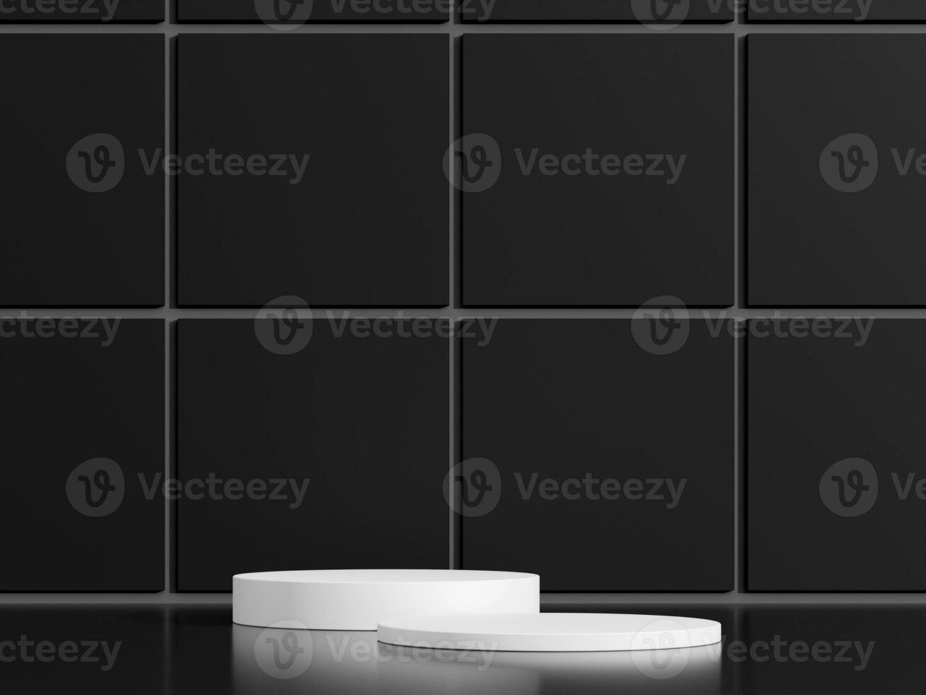 Simple blank luxury black gradient background with product display platform. Empty studio with white circle podium pedestal on a black backdrop. 3D rendering photo