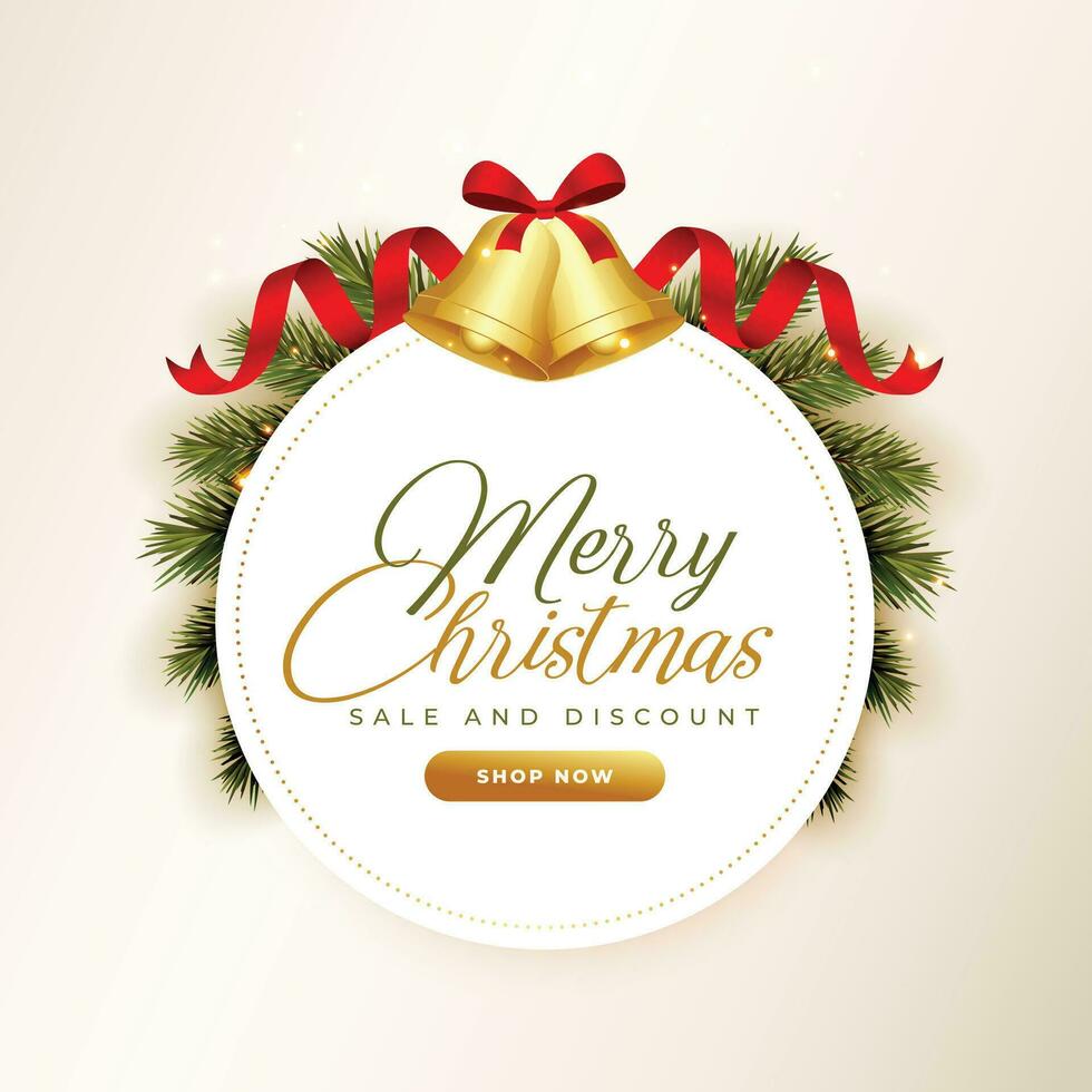 merry christmas sale background with realistic bell and tree leaves vector