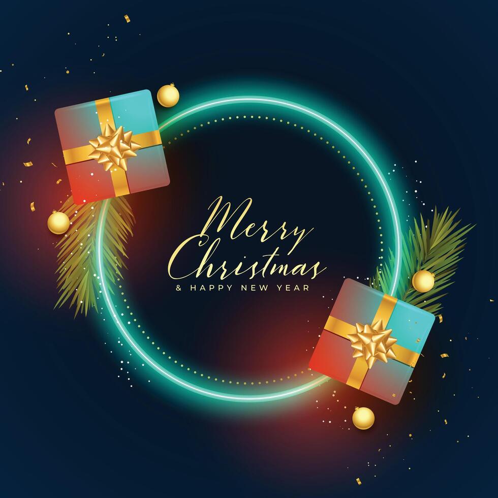 merry christmas festival card with neon frame and gift boxes vector