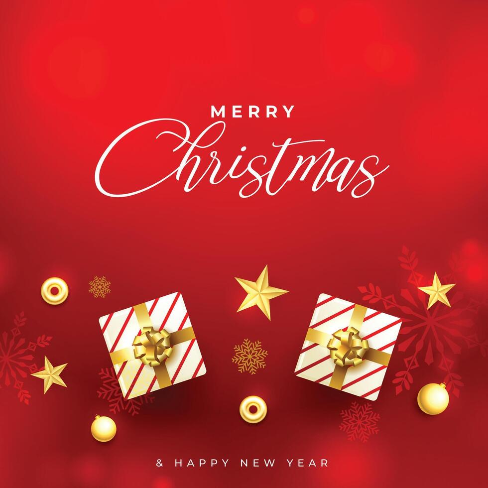merry christmas red greeting card with realistic gift boxes vector
