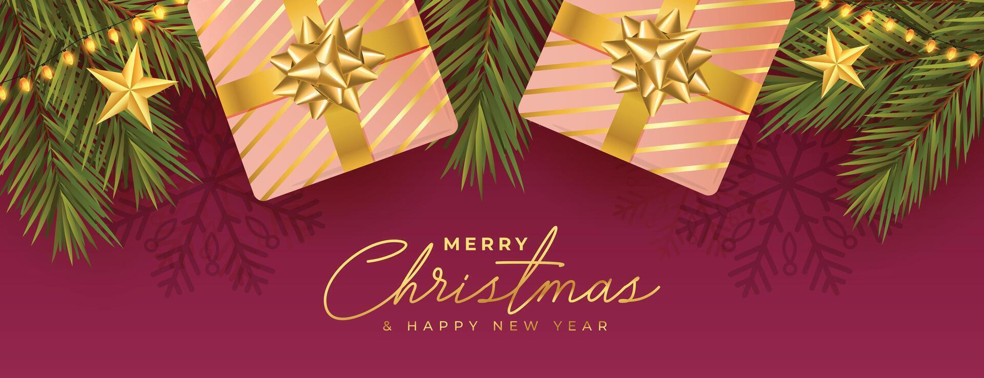 realistic merry christmas banner with gift boxes and tree leaves decoration vector