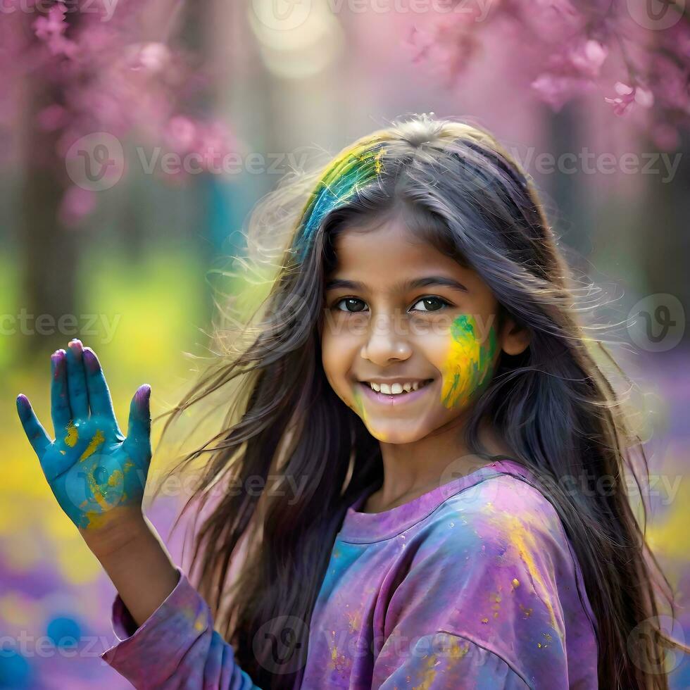 ai generado potrait de indio niña con vistoso holi color cara posando a cámara foto