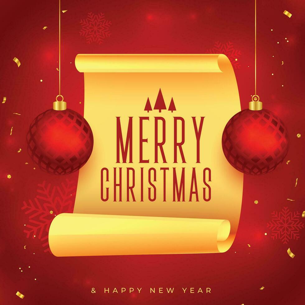merry christmas greeting background with balls and golden curl page vector