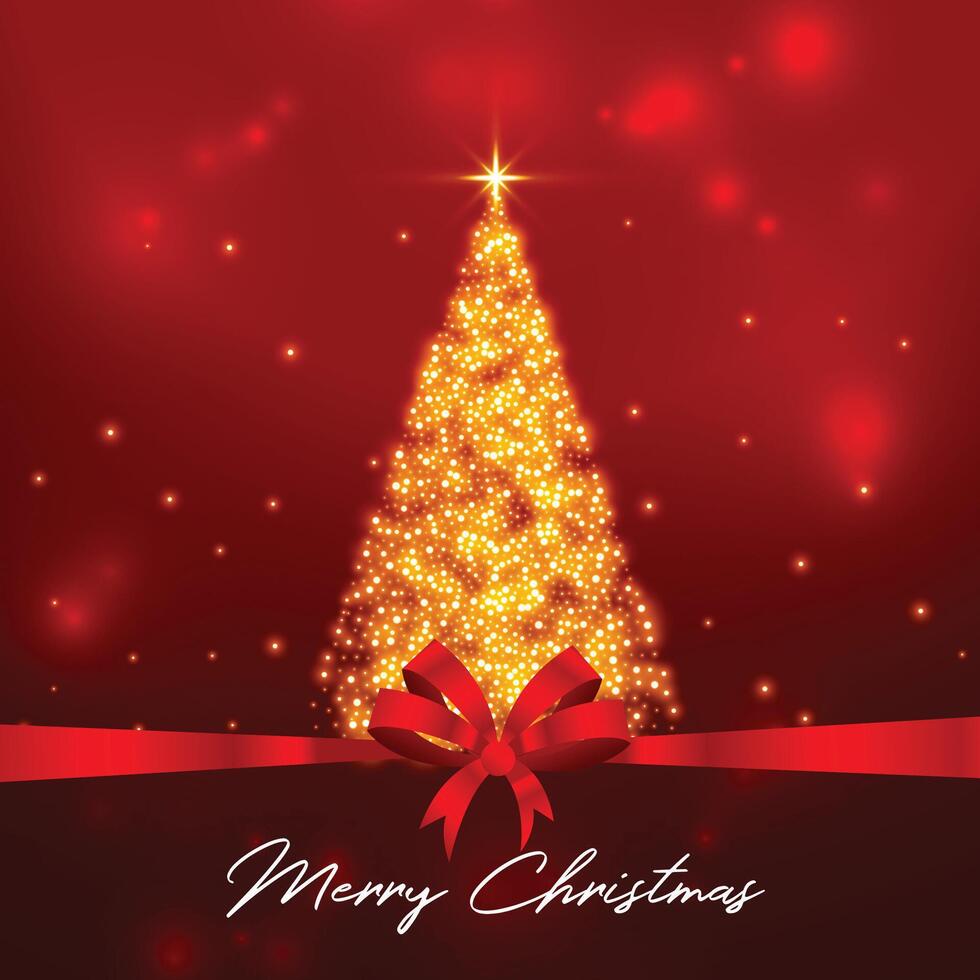 sparkling christmas tree on red background with ribbon vector