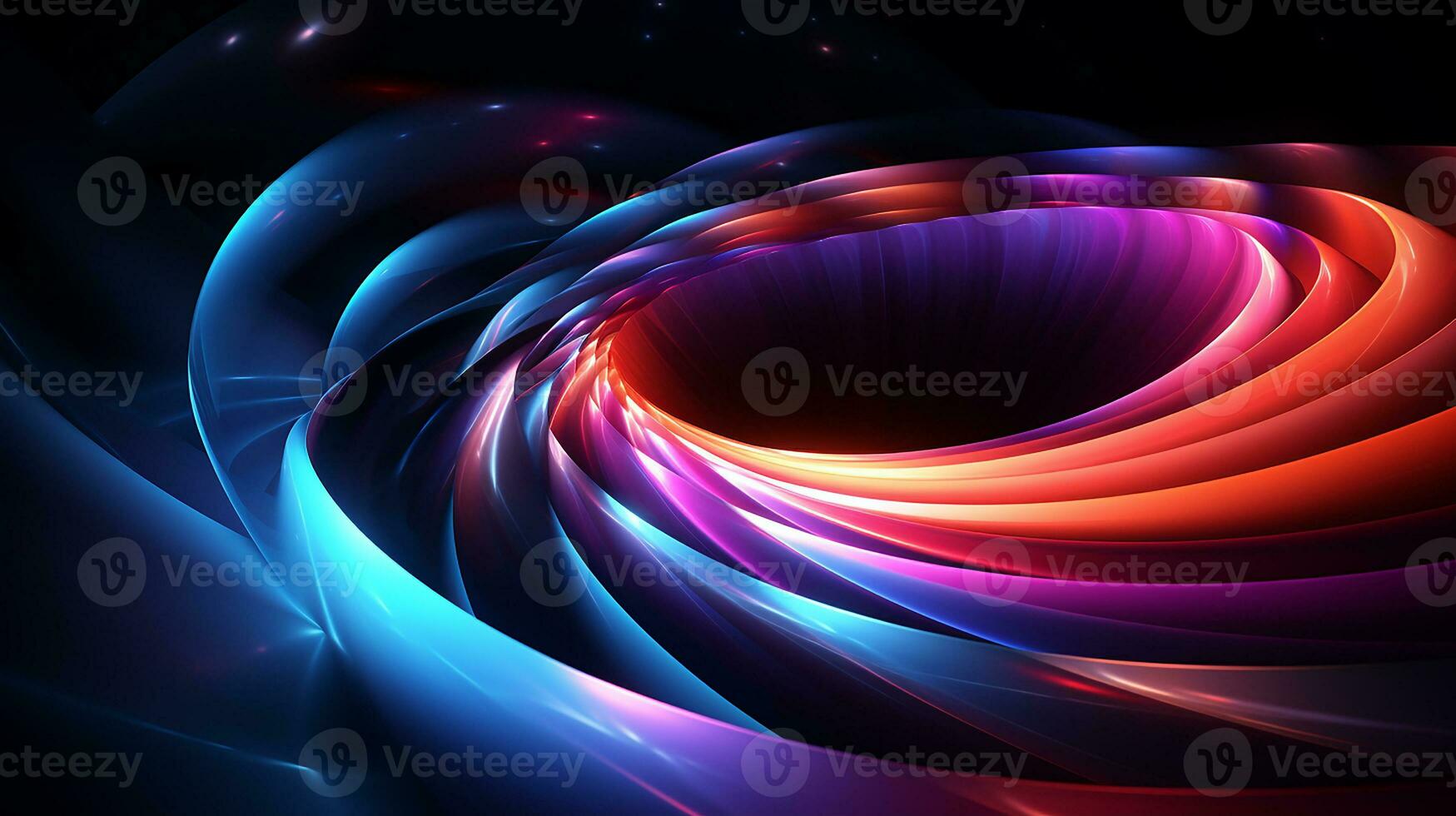 AI generated Abstract wavy circle neon lights on black background. Dynamic glowing neon lines over the dark color. Fast moving light effect, data transfer concept light. Generative AI photo