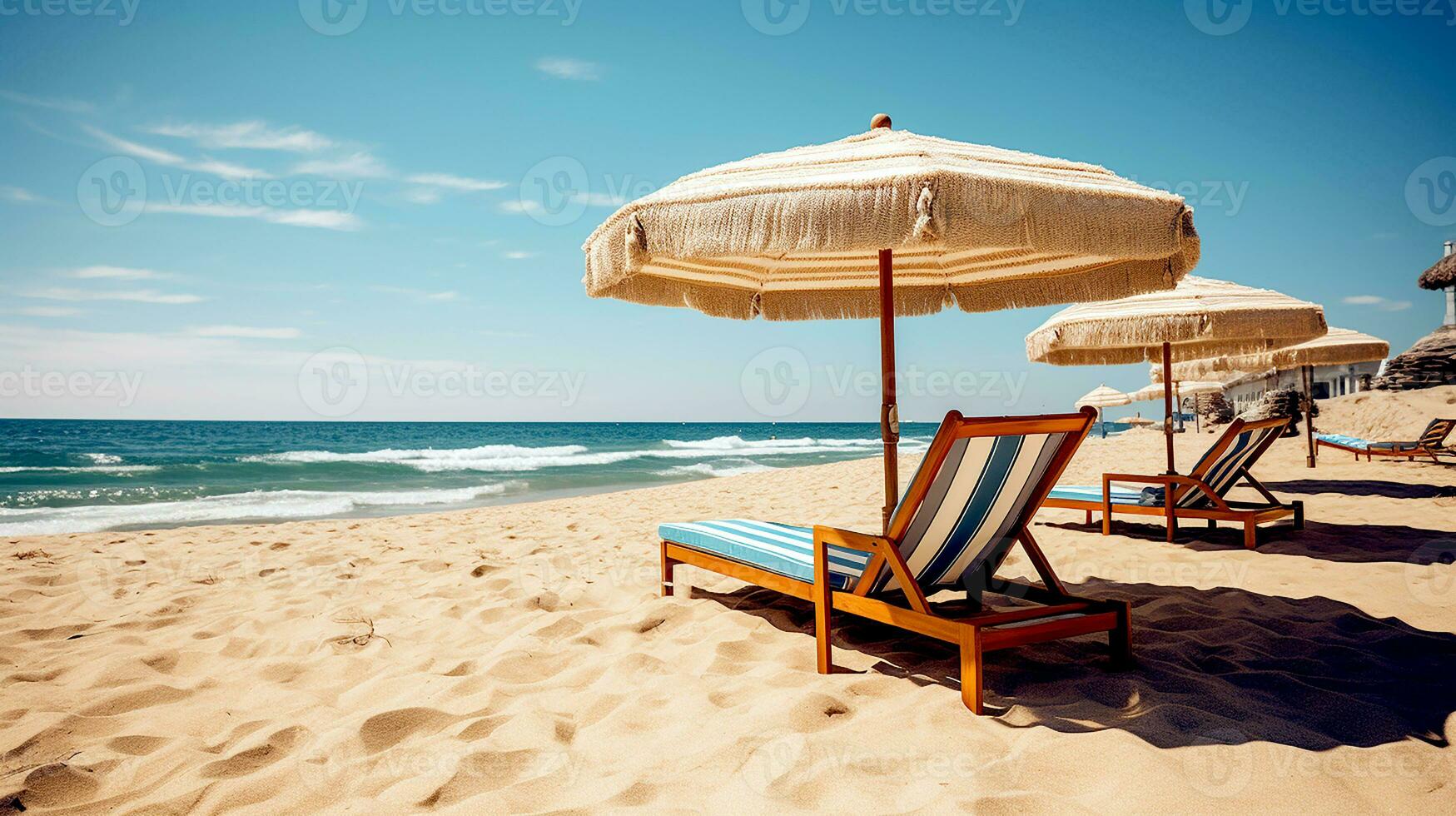 AI generated Portrait of beach chairs. Side view of lounge chairs with umbrella on the beach sand. Beach view at around, holiday, vacations concept. Generative AI photo