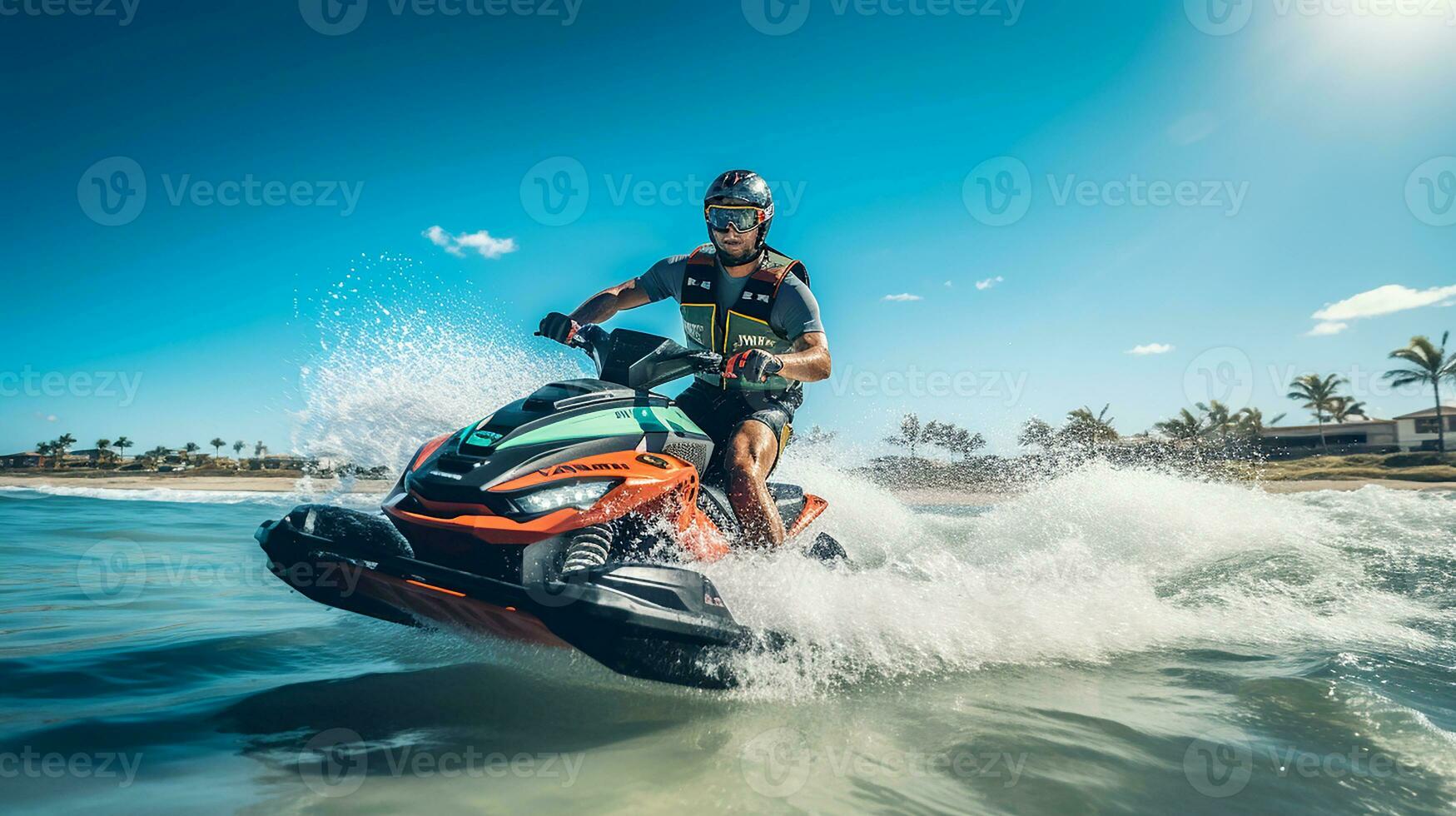 AI generated Portrait of a man rides a jet ski on the beach. Young adult male is happy while jet skiing. Holiday, weekend, vacations concept. Generative AI photo