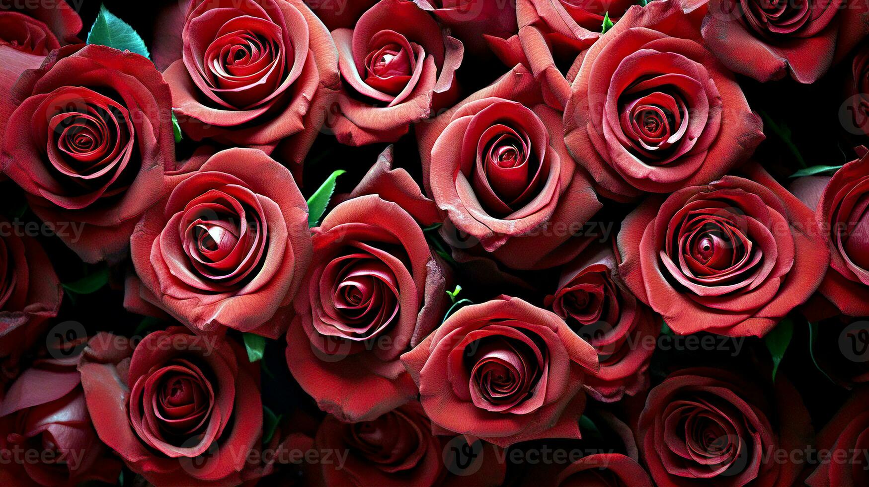 AI generated Top angle view of red roses flowers pattern. Group of natural red roses background. For valentine greeting, romantic wallpaper concept. Generative AI photo