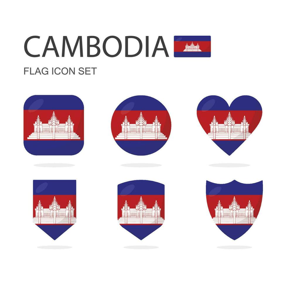 Cambodia 3d flag icons of 6 shapes all isolated on white background. vector