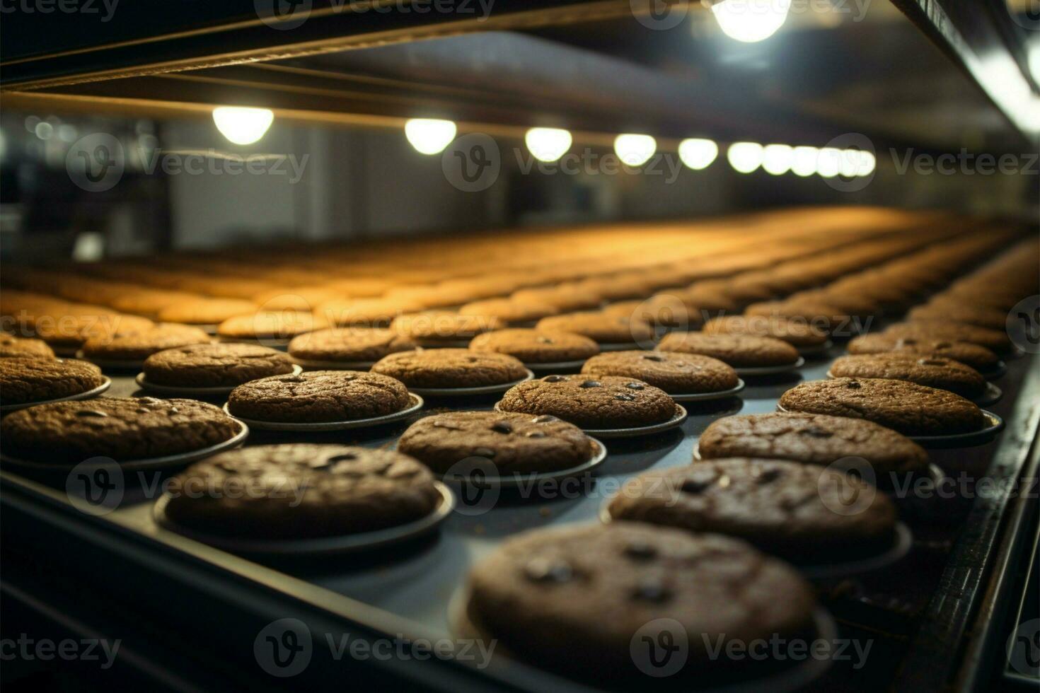 AI generated Chocolate cookie factory line crafts delicious treats with precision and mouthwatering efficiency photo