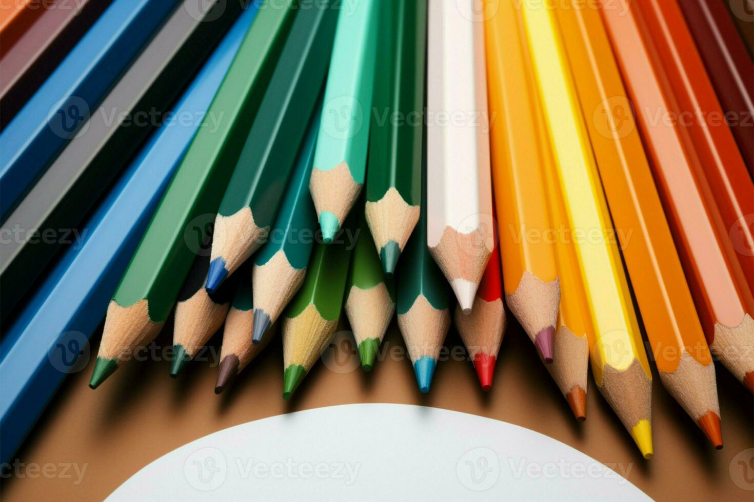 AI generated Expressive array different colored pencils on paper create an artistic and dynamic display photo