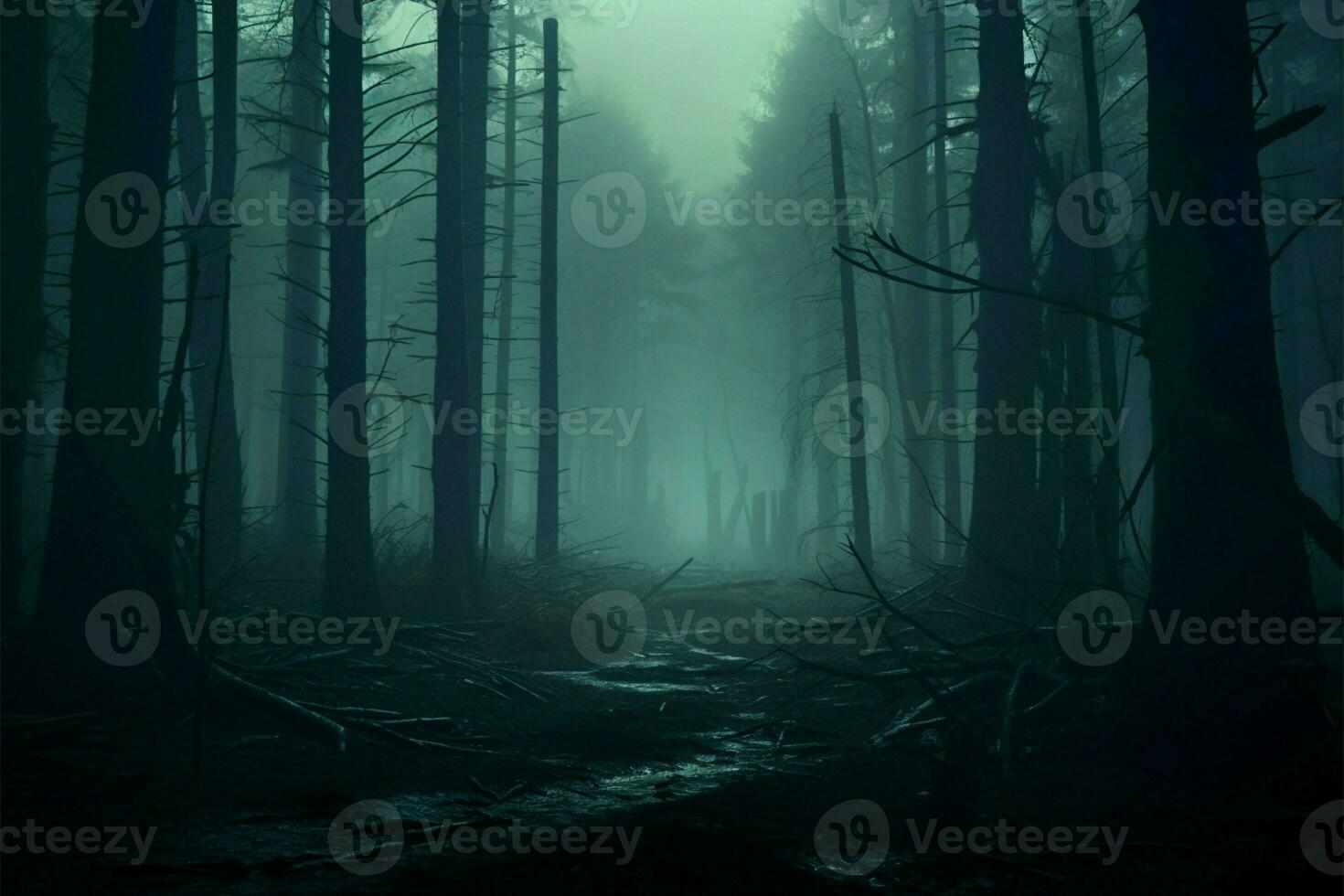 ai generado misterioso visión 3d representación de un niebla cubierto bosque, Siniestro concepto foto