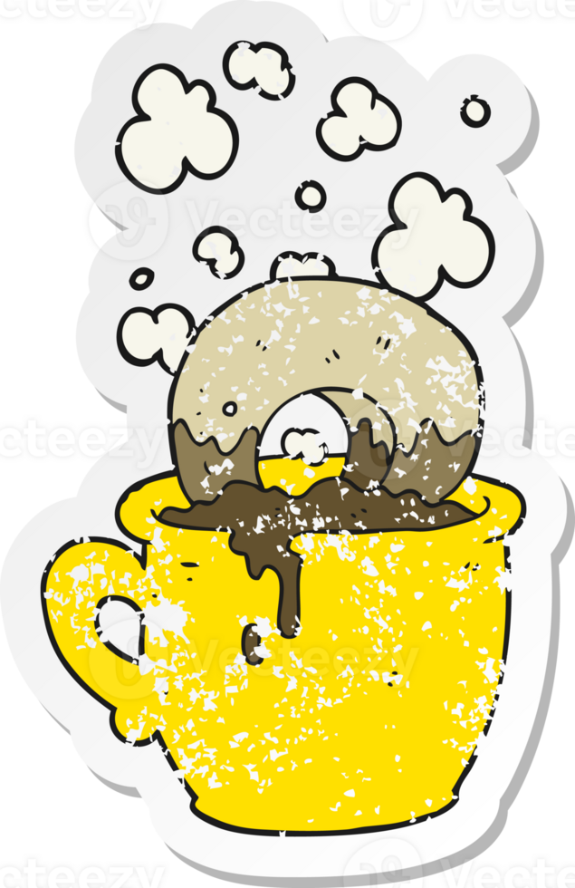 retro distressed sticker of a cartoon donut dunked in coffee png