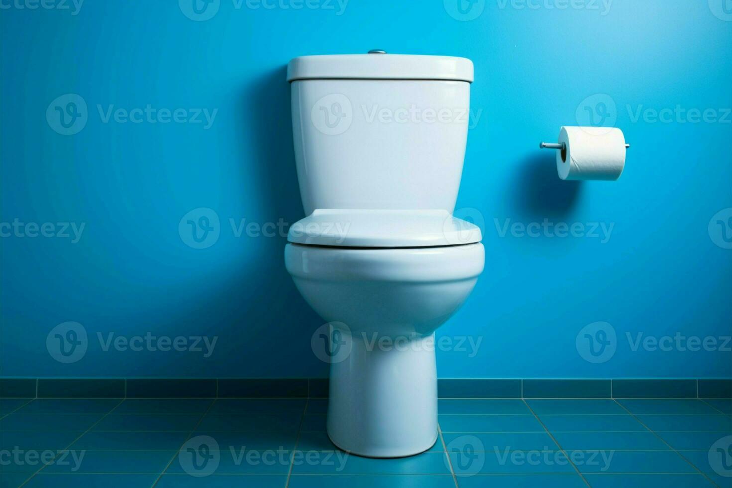 AI generated White toilet on blue wall creates a refreshing and aesthetically pleasing bathroom scene photo