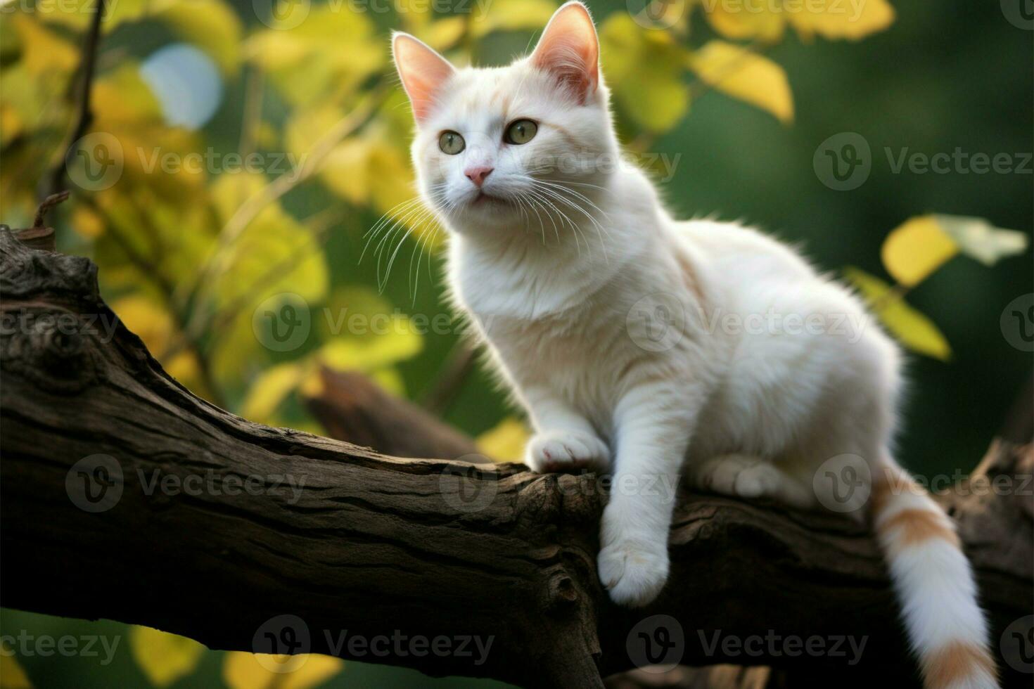 AI generated Charming sight a white cat on a tree branch epitomizes serene, natural elegance photo